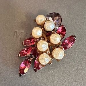 Vintage Pearl and Red Rhinestone Costume Jewelry Brooch